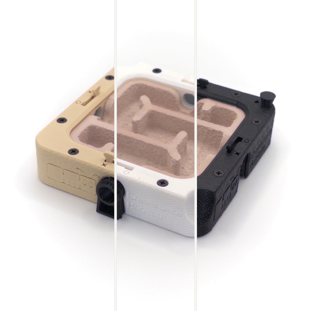 FlexGrid Nest 4×4 shown as one nest divided into vertical thirds to demonstrate colorways — tan, white and black cases around the same clay-toned gypsum insert.