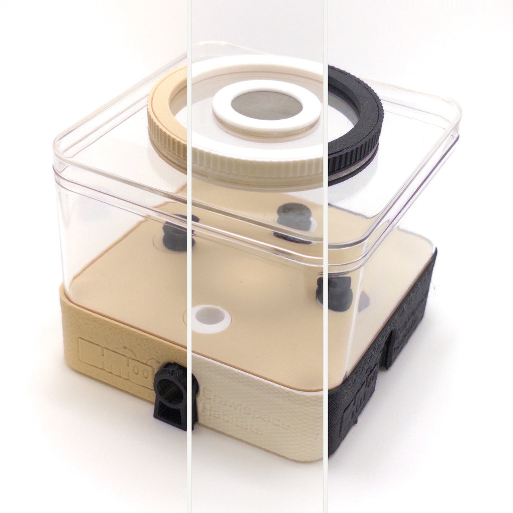 FlexGrid Outworld 4×4 with its screw-in lid and steel mesh vent, shown as one unit divided into vertical thirds to demonstrate colorways — tan, white and black cases.